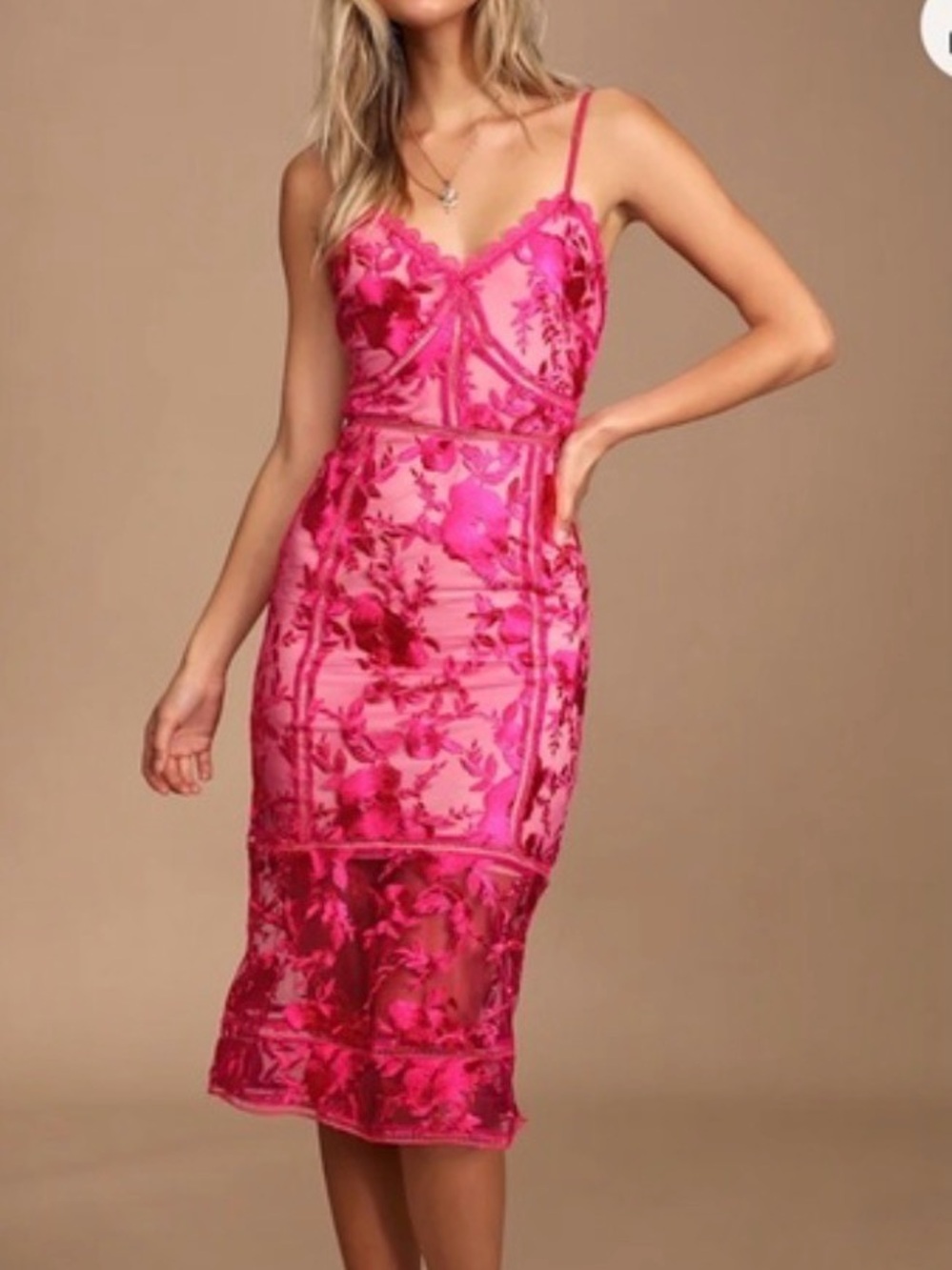 Just Me Hot Pink Floral Embroidered Midi Dress